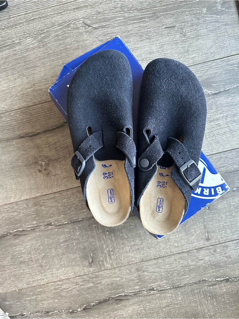 Birkenstock Boston Midnight Blue Suede Slip-On Clogs with Buckle